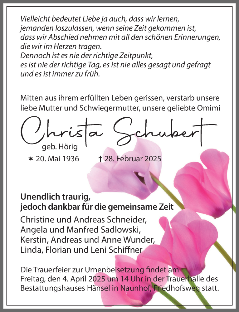  Traueranzeige für Christa Schubert vom 08.03.2025 aus Leipziger Volkszeitung