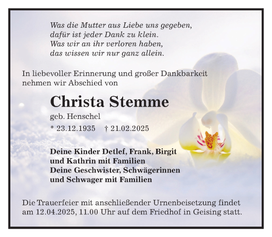 Traueranzeige von Christa Stemme von Sächsische Zeitung
