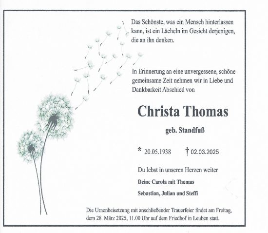 Traueranzeige von Christa Thomas von Sächsische Zeitung