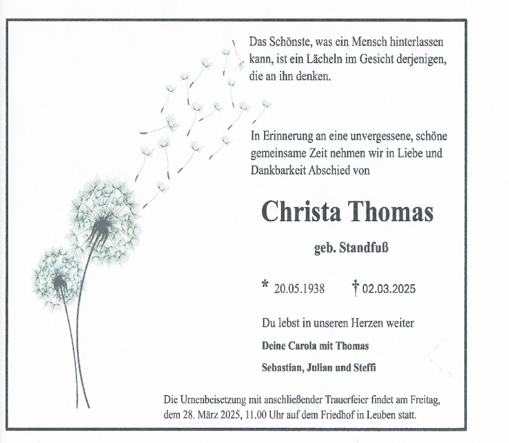  Traueranzeige für Christa Thomas vom 22.03.2025 aus Sächsische Zeitung