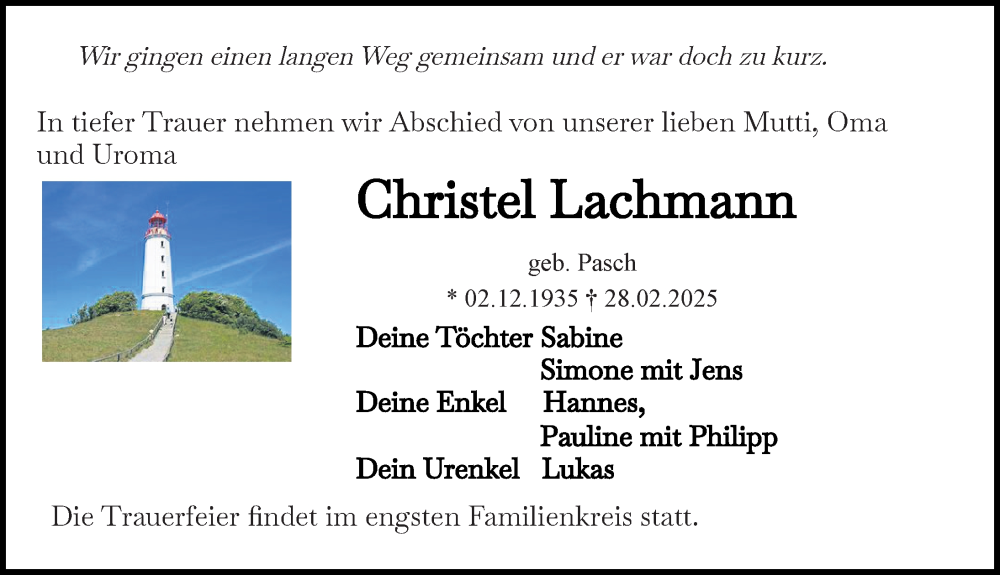  Traueranzeige für Christel Lachmann vom 15.03.2025 aus Ostsee-Zeitung GmbH
