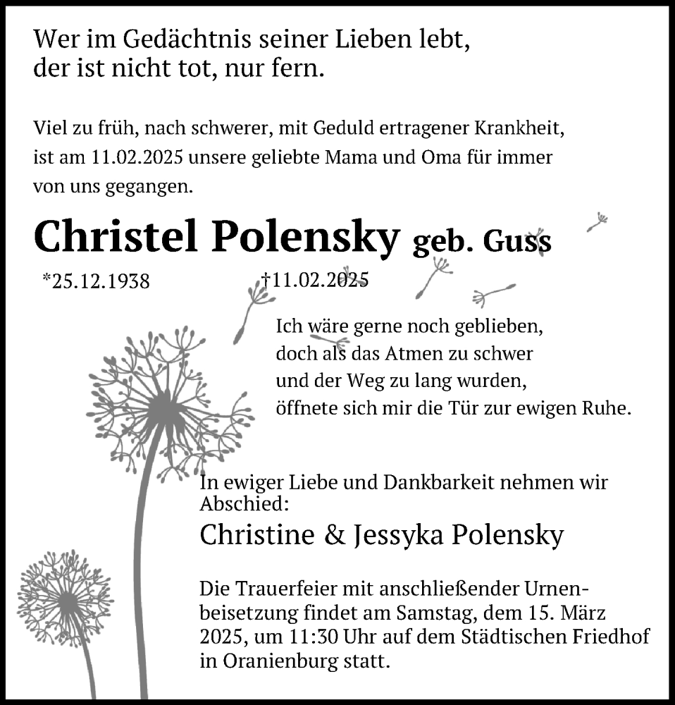  Traueranzeige für Christel Polensky vom 12.03.2025 aus Märkischen Allgemeine Zeitung