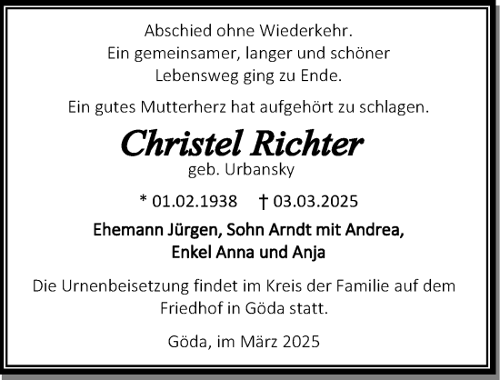 Traueranzeige von Christel Richter von Sächsische Zeitung
