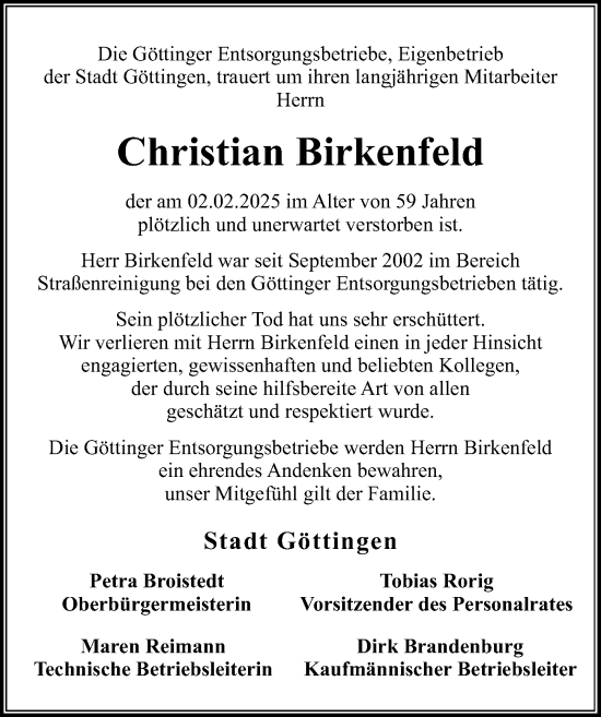Traueranzeige von Christian Birkenfeld von Göttinger Tageblatt