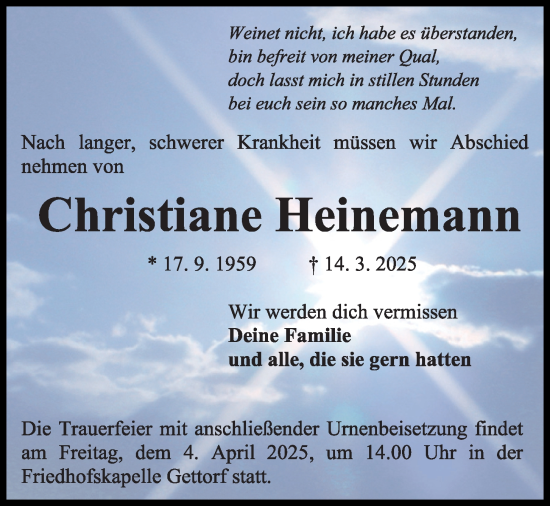 Traueranzeige von Christiane Heinemann von Kieler Nachrichten