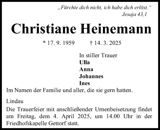 Traueranzeige von Christiane Heinemann von Kieler Nachrichten