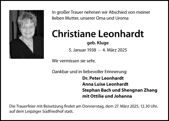 Traueranzeige von Christiane Leonhardt von Leipziger Volkszeitung
