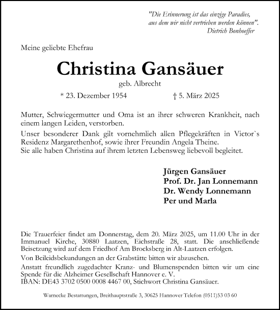 Traueranzeige von Christina Gansäuer von Hannoversche Allgemeine Zeitung/Neue Presse