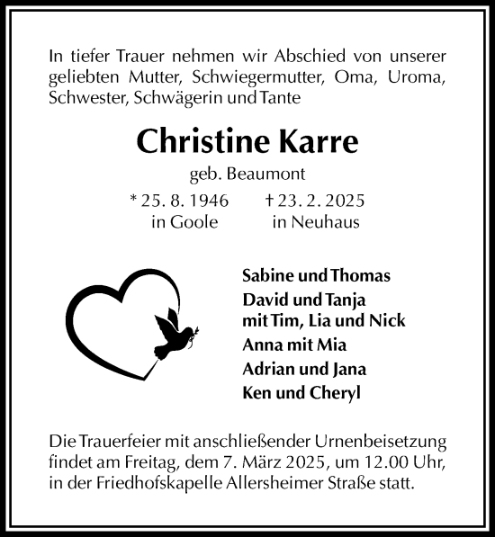 Traueranzeige von Christine Karre von Täglicher Anzeiger Holzminden