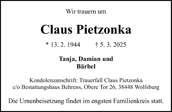 Traueranzeige von Claus Pietzonka von Aller Zeitung