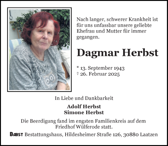Traueranzeige von Dagmar Herbst von Hannoversche Allgemeine Zeitung/Neue Presse