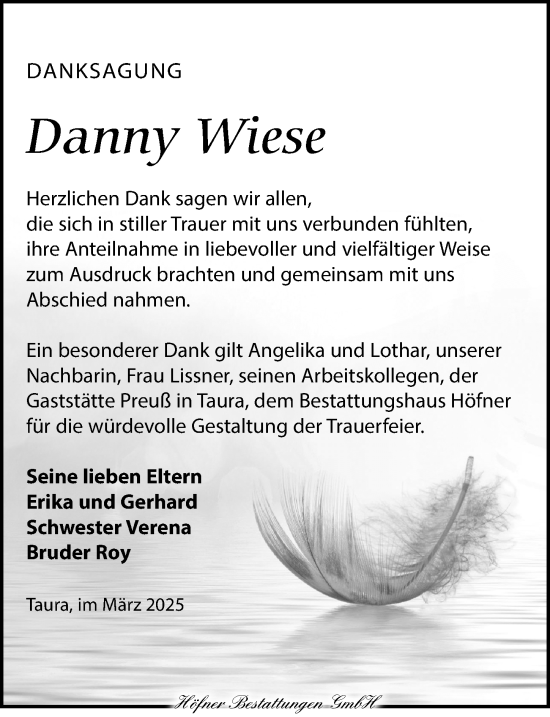 Traueranzeige von Danny Wiese von Torgauer Zeitung