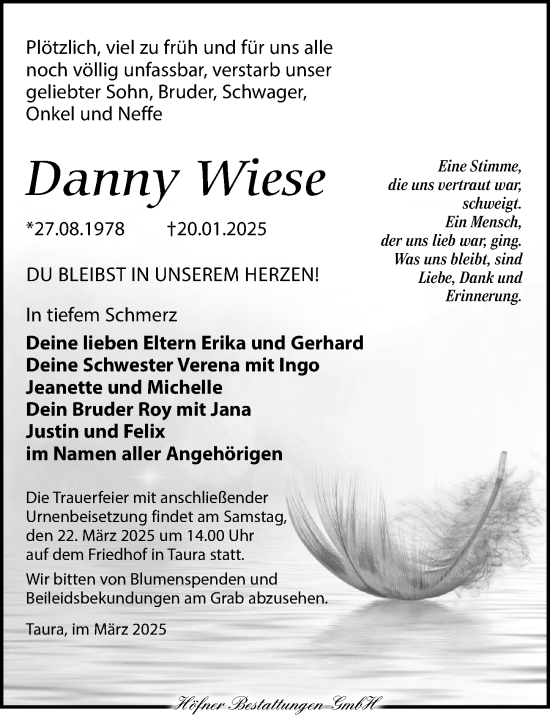 Traueranzeige von Danny Wiese von Torgauer Zeitung