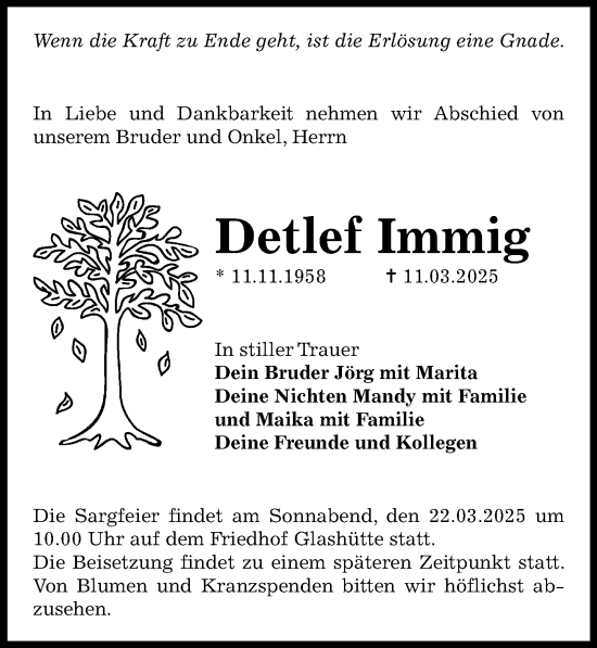 Traueranzeige von Detlef Immig von Sächsische Zeitung