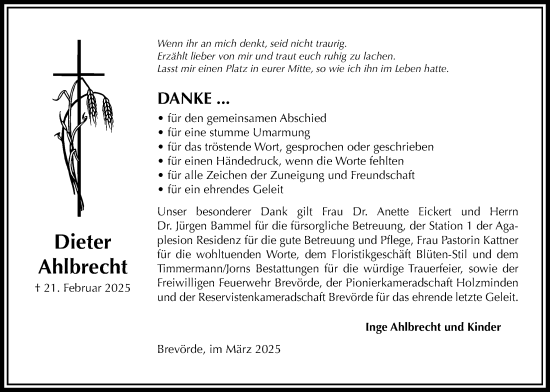 Traueranzeige von Dieter Ahlbrecht von Täglicher Anzeiger Holzminden