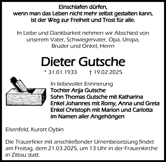 Traueranzeige von Dieter Gutsche von Sächsische Zeitung