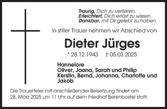 Traueranzeige von Dieter Jürges von Hannoversche Allgemeine Zeitung/Neue Presse
