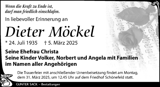 Traueranzeige von Dieter Möckel von Leipziger Volkszeitung