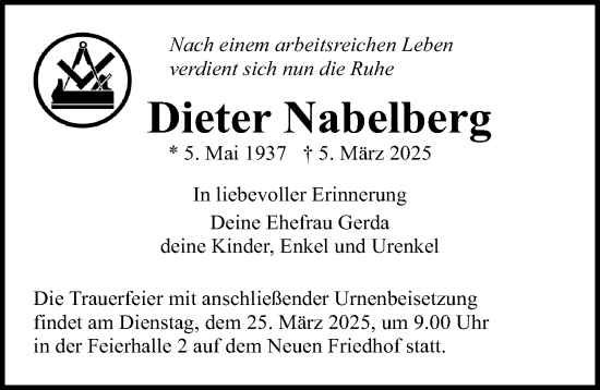 Traueranzeige von Dieter Nabelberg von Ostsee-Zeitung GmbH