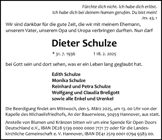 Traueranzeige von Dieter Schulze von Hannoversche Allgemeine Zeitung/Neue Presse