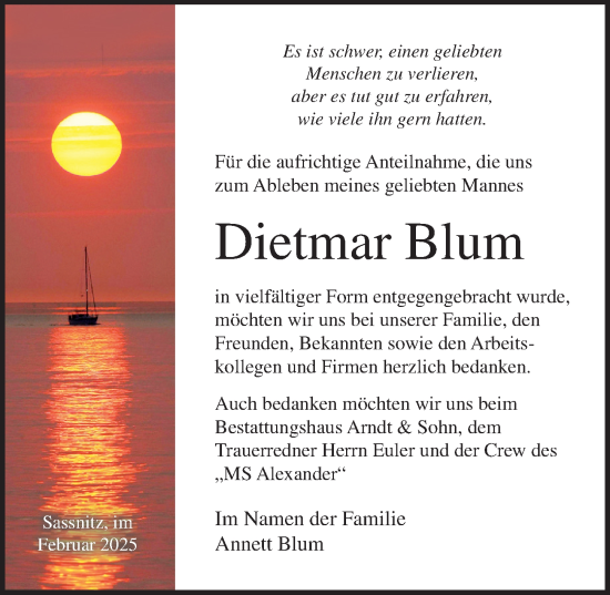 Traueranzeige von Dietmar Blum von Ostsee-Zeitung GmbH