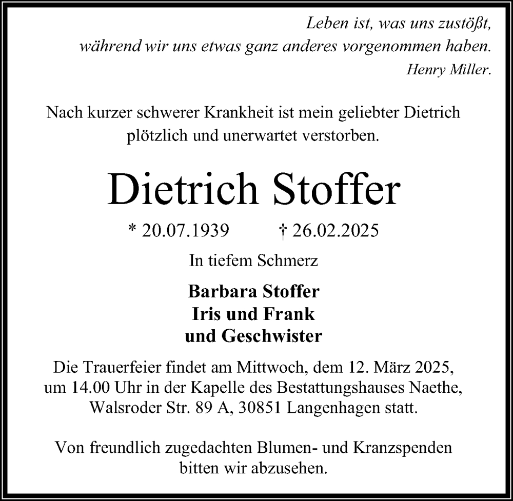  Traueranzeige für Dietrich Stoffer vom 08.03.2025 aus Hannoversche Allgemeine Zeitung/Neue Presse