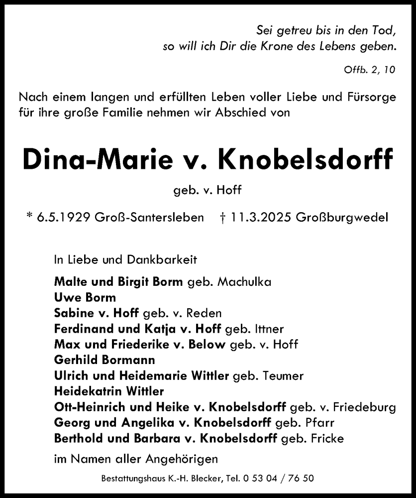  Traueranzeige für Dina-Marie v. Knobelsdorff vom 22.03.2025 aus Hannoversche Allgemeine Zeitung/Neue Presse