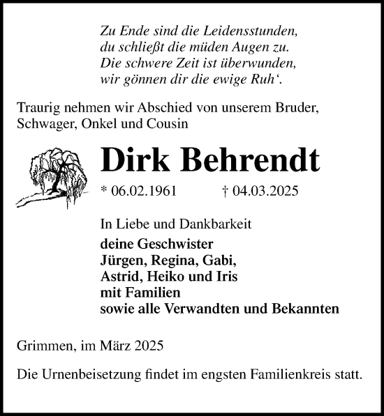 Traueranzeige von Dirk Behrendt von Ostsee-Zeitung GmbH