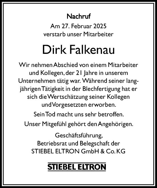 Traueranzeige von Dirk Falkenau von Täglicher Anzeiger Holzminden