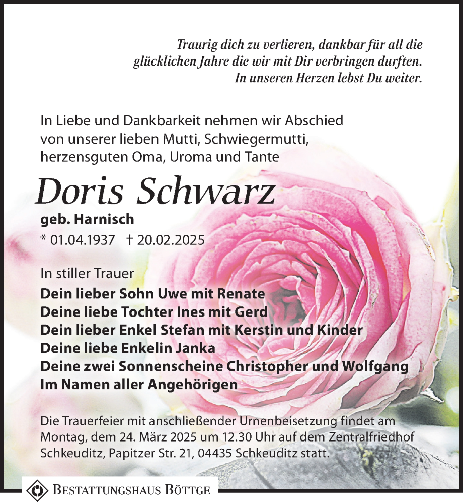  Traueranzeige für Doris Schwarz vom 15.03.2025 aus Leipziger Volkszeitung