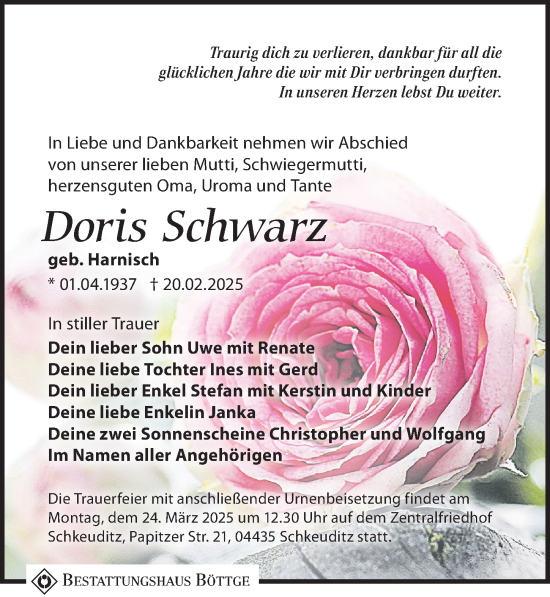 Traueranzeige von Doris Schwarz von Leipziger Volkszeitung