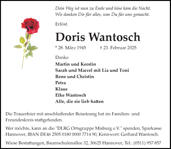 Traueranzeige von Doris Wantosch von Hannoversche Allgemeine Zeitung/Neue Presse
