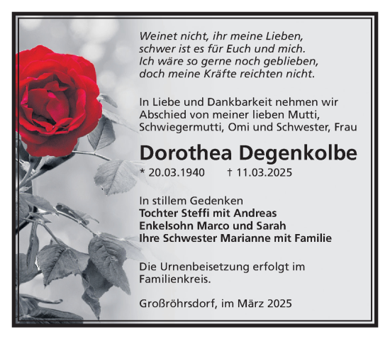 Traueranzeige von Dorothea Degenkolbe von Sächsische Zeitung