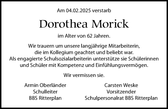 Traueranzeige von Dorothea Morick von Göttinger Tageblatt