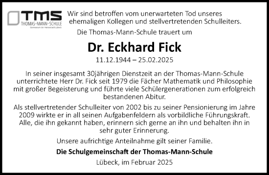 Traueranzeige von Eckhard Fick von Lübecker Nachrichten