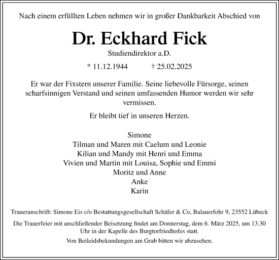Traueranzeige von Eckhard Fick von Lübecker Nachrichten