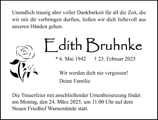 Traueranzeige von Edith Bruhnke von Ostsee-Zeitung GmbH
