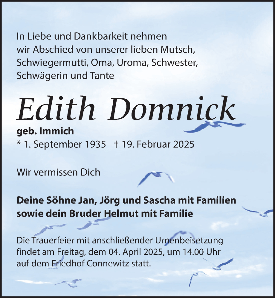  Traueranzeige für Edith Domnick vom 22.03.2025 aus Leipziger Volkszeitung
