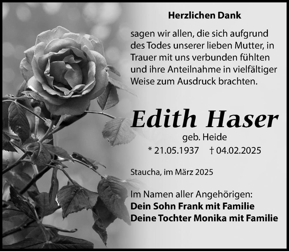  Traueranzeige für Edith Haser vom 29.03.2025 aus Sächsische Zeitung