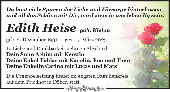 Traueranzeige von Edith Heise von Leipziger Volkszeitung