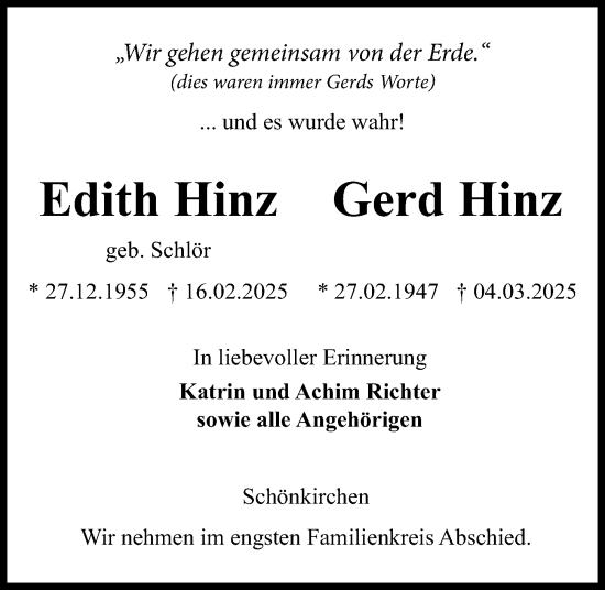 Traueranzeige von Edith Hinz von Kieler Nachrichten
