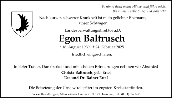 Traueranzeige von Egon Baltrusch von Hannoversche Allgemeine Zeitung/Neue Presse