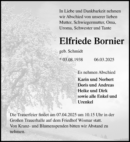 Traueranzeige von Elfriede Bornier von Ostsee-Zeitung GmbH