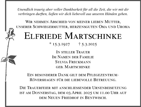 Traueranzeige von Elfriede Martschinke von Ostsee-Zeitung GmbH