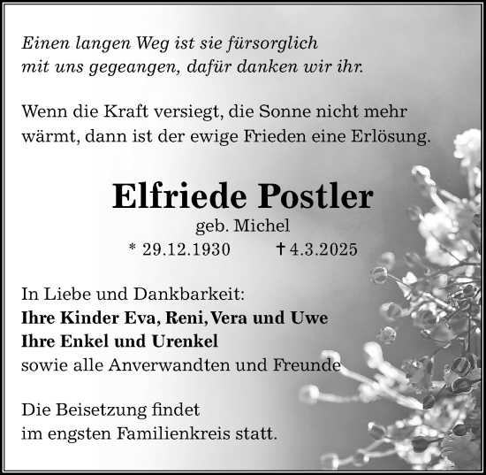 Traueranzeige von Elfriede Postler von Sächsische Zeitung