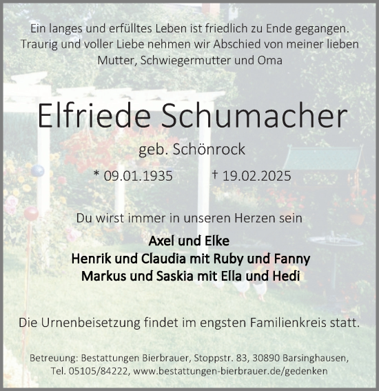 Traueranzeige von Elfriede Schumacher von Hannoversche Allgemeine Zeitung/Neue Presse