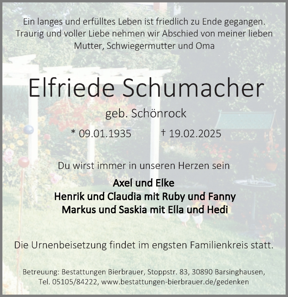  Traueranzeige für Elfriede Schumacher vom 01.03.2025 aus Hannoversche Allgemeine Zeitung/Neue Presse