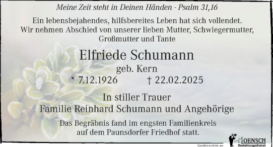 Traueranzeige von Elfriede Schumann von Leipziger Volkszeitung