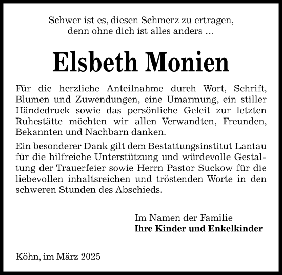 Traueranzeige von Elsbeth Monien von Kieler Nachrichten