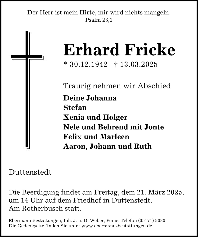  Traueranzeige für Erhard Fricke vom 15.03.2025 aus Peiner Allgemeine Zeitung